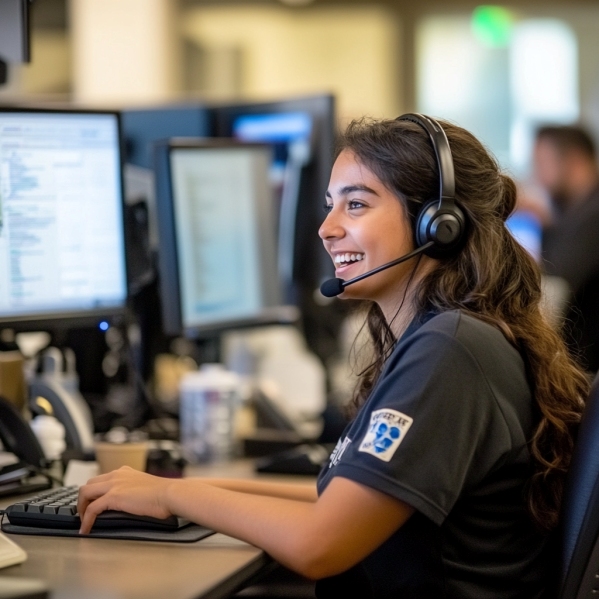 een vrouw die achter de computer zit. ze lacht en heeft een headset op waarmee ze in gesprek is met een klant.