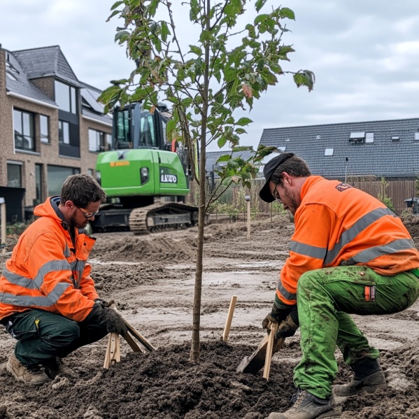 twee mannen in werkkleding die bezig zijn met een boom planten. dit doen zij midden in een woonwijk