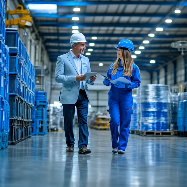 een man en een vrouw die in gesprek zijn en lopen door een magazijn. de vrouw draagt productie werkkleding en de man is in pak. ze hebben beiden een bouwhelm op hun hoofd en lachen naar elkaar