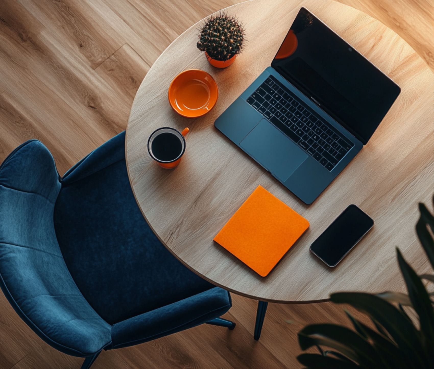 Een tafel met een laptop en een schrijfblokje erop.