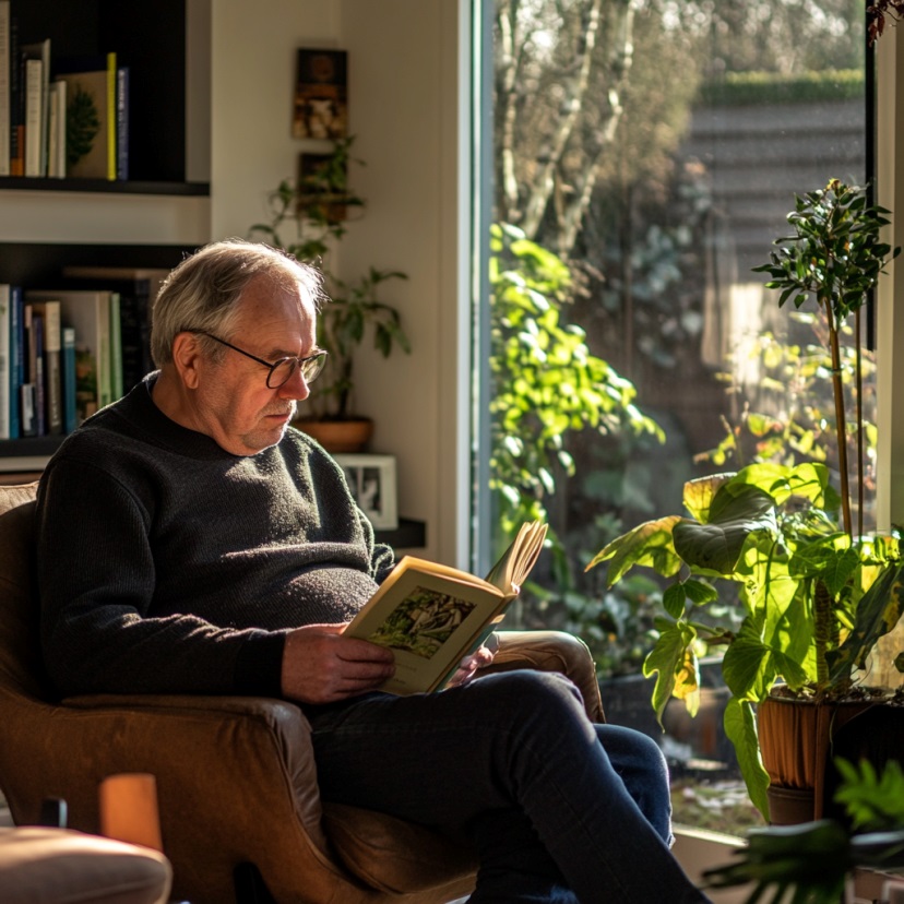 Een boomer is aan het lezen in zijn stoel.